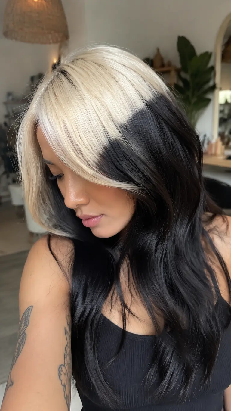 Diagonal blonde and black split hair color