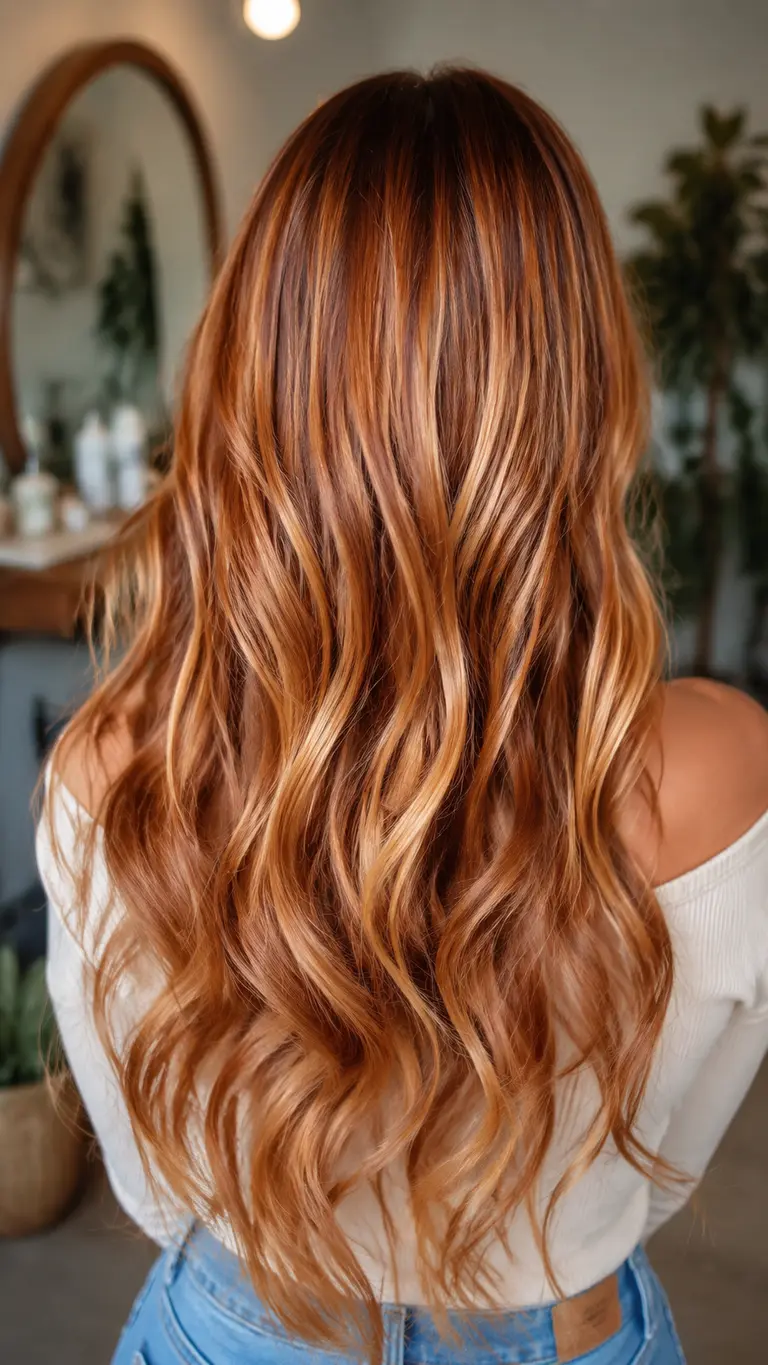 Long copper hair with delicate golden blonde highlights