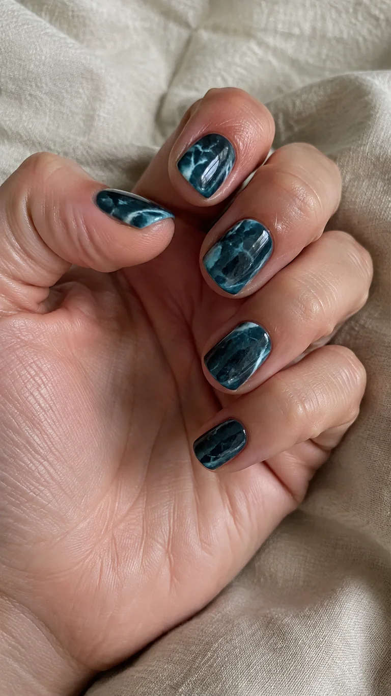Short teal marble nails
