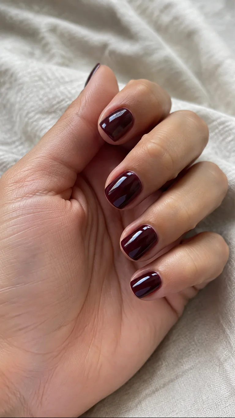 Short glossy wine burgundy nails