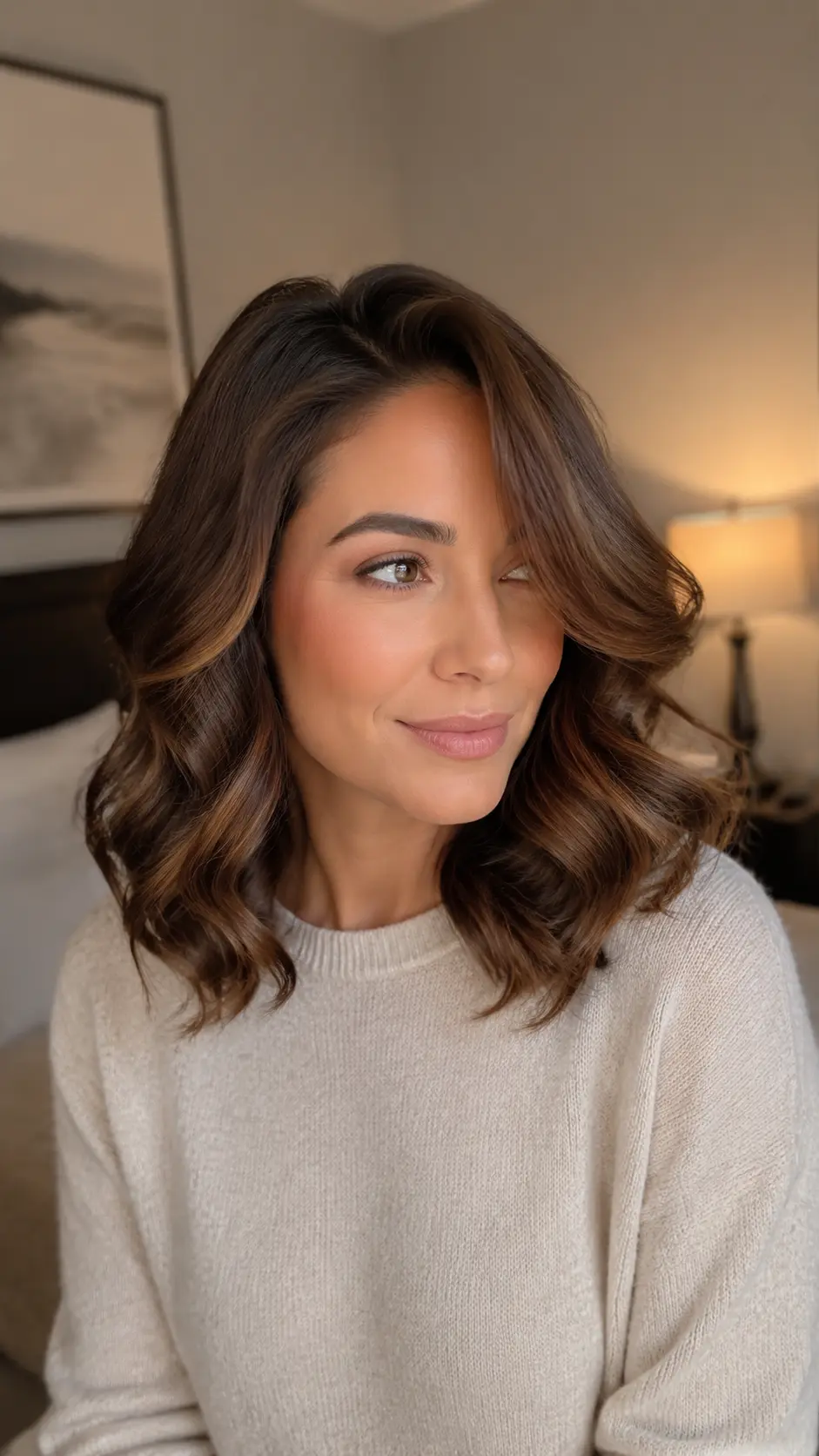 Deep side part glam curls at shoulder length