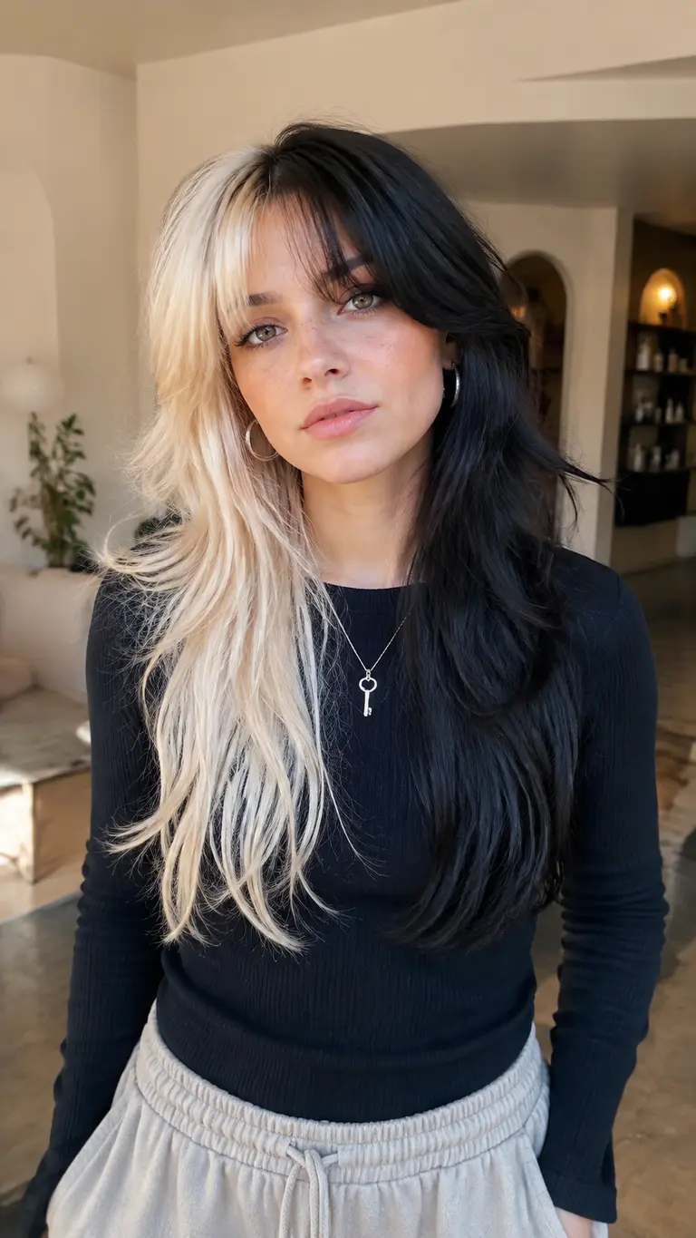 Layered half blonde half black shag haircut