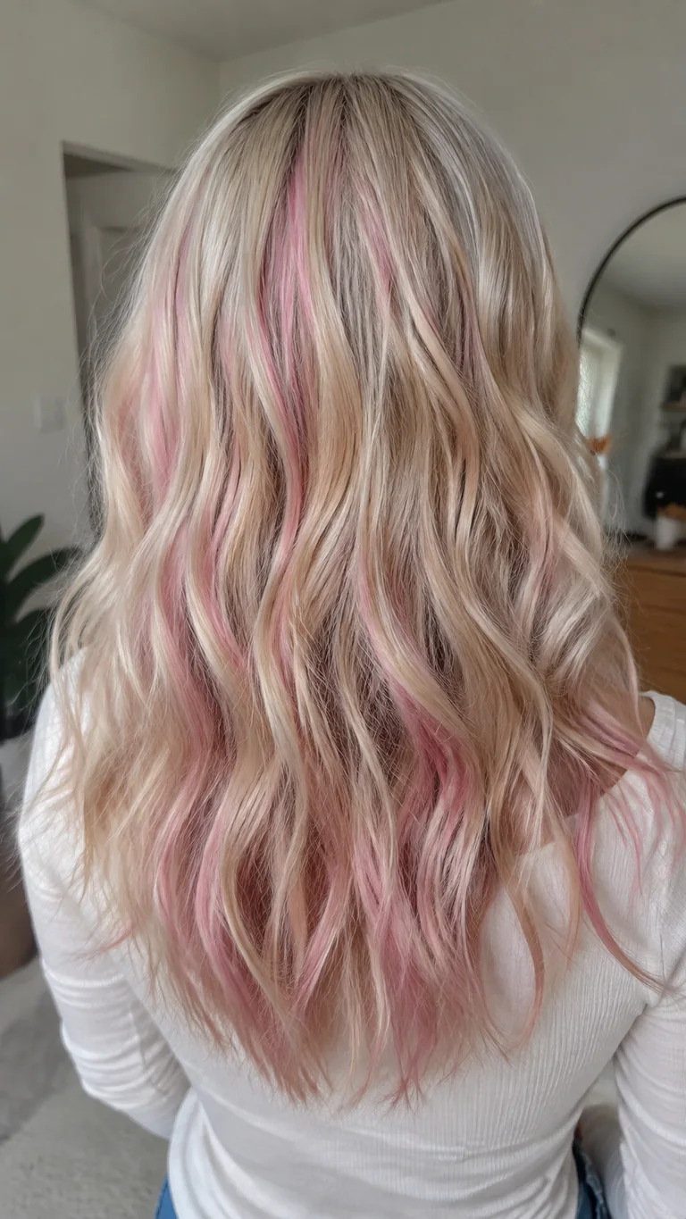 Blonde hair with delicate pastel pink highlights