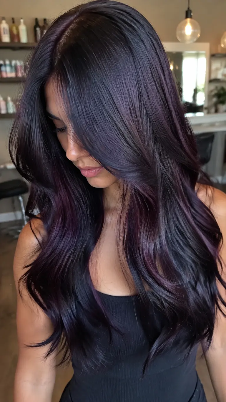 Deep plum hair color blended into a brunette base