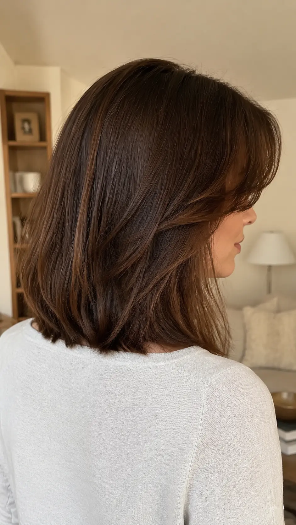 Shoulder length layered hair with side-swept bangs