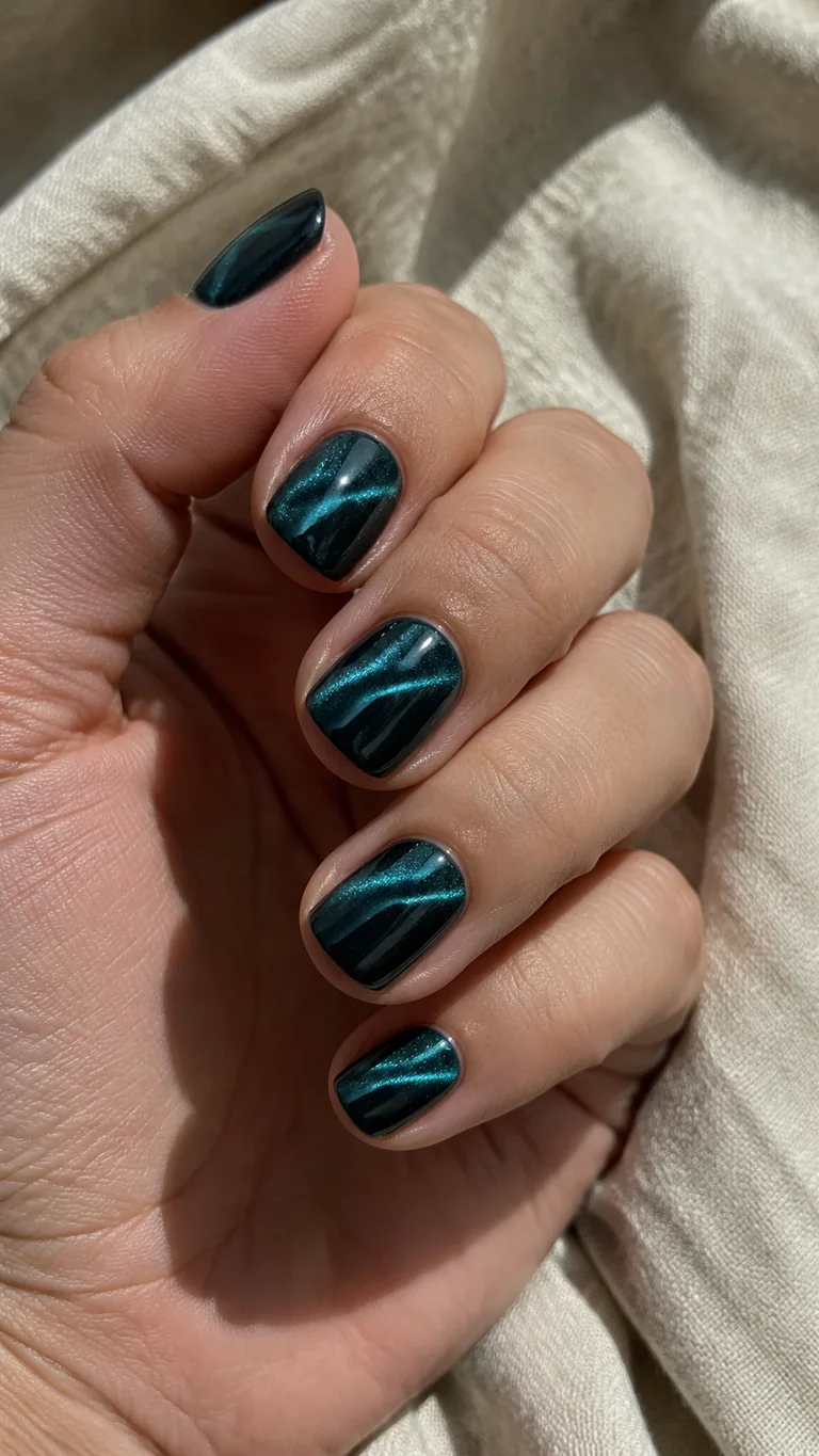 Short teal cat-eye nails