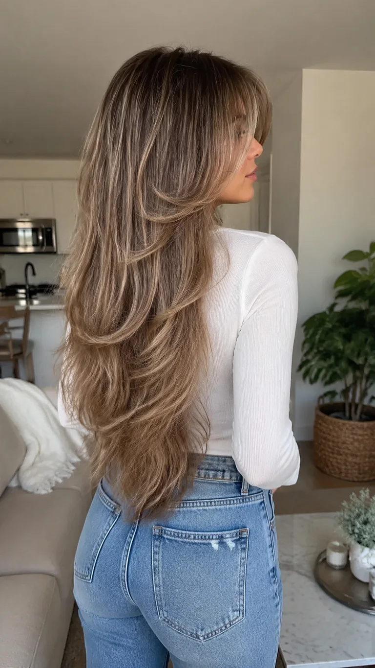 Ash brown balayage butterfly haircut with long layers
