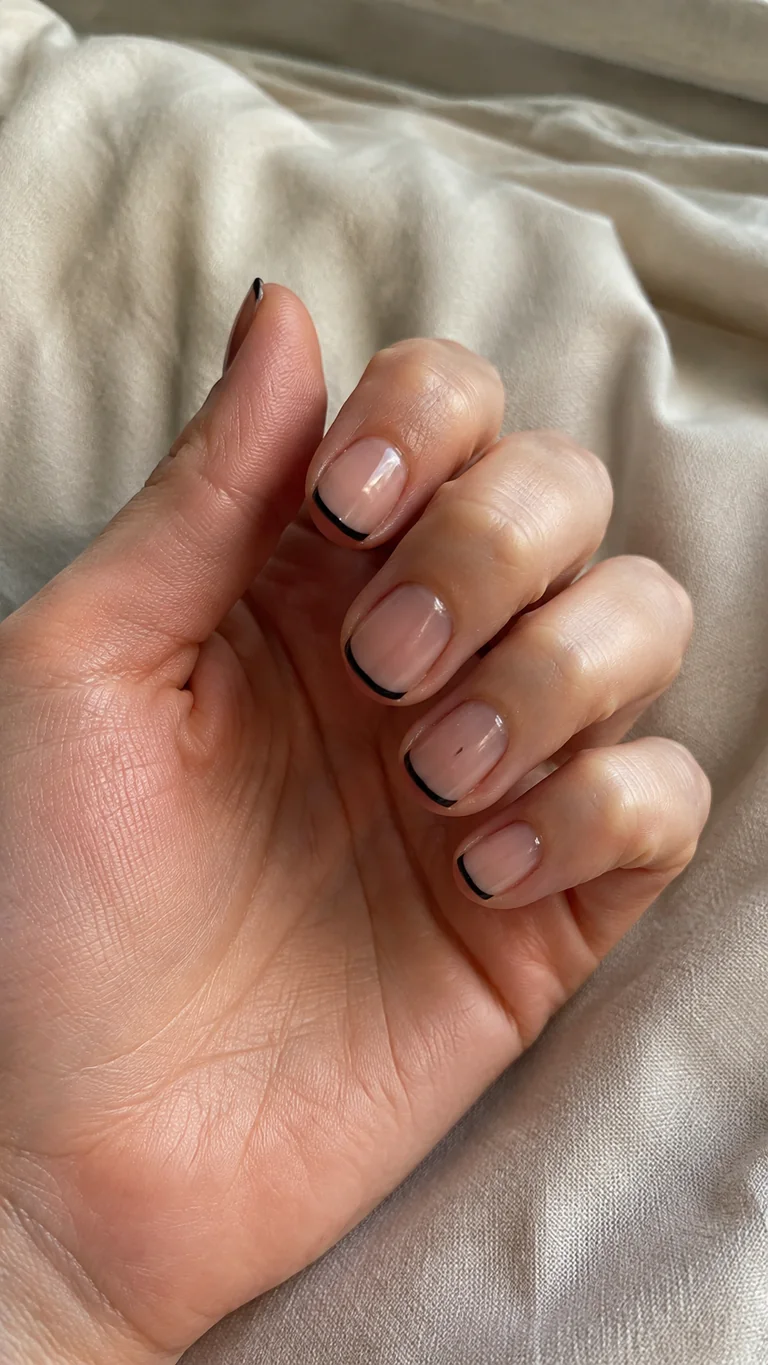 Short nude nails with black micro-French tips