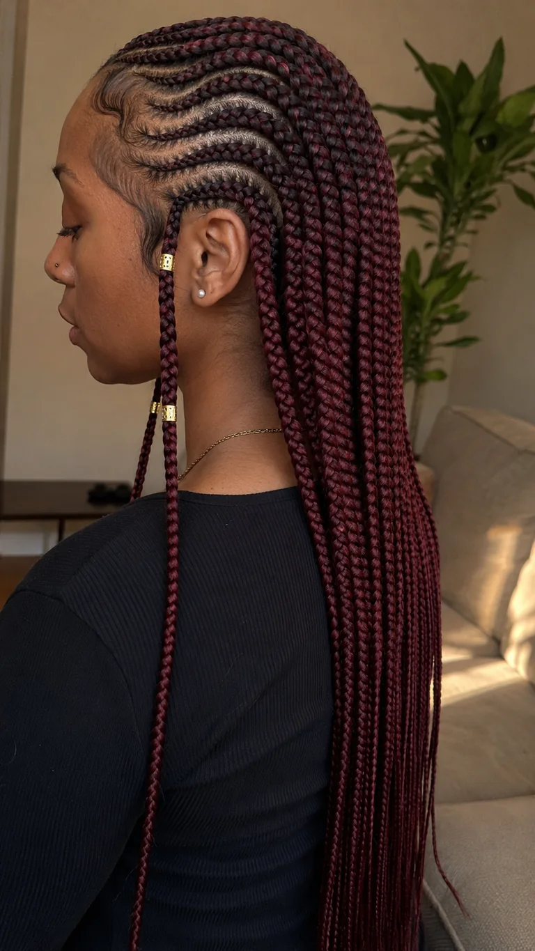 Long burgundy natural Fulani braids