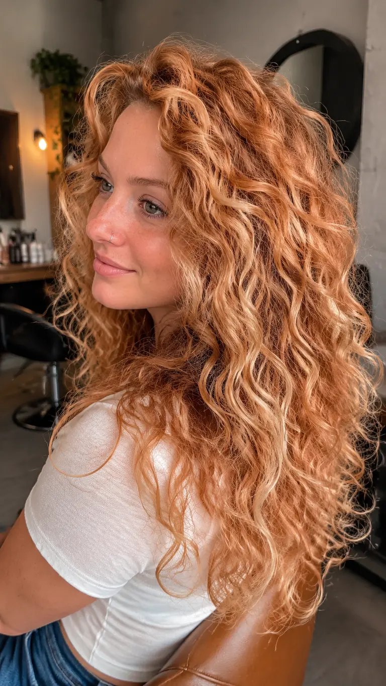 Peachy copper blonde naturally curly hair