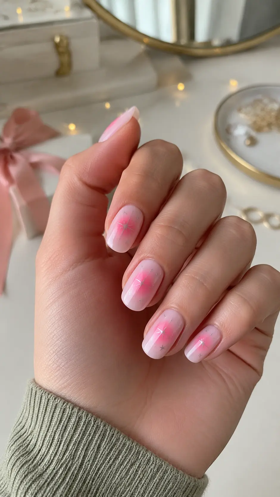 Pink Aura Nails with Tiny Stars