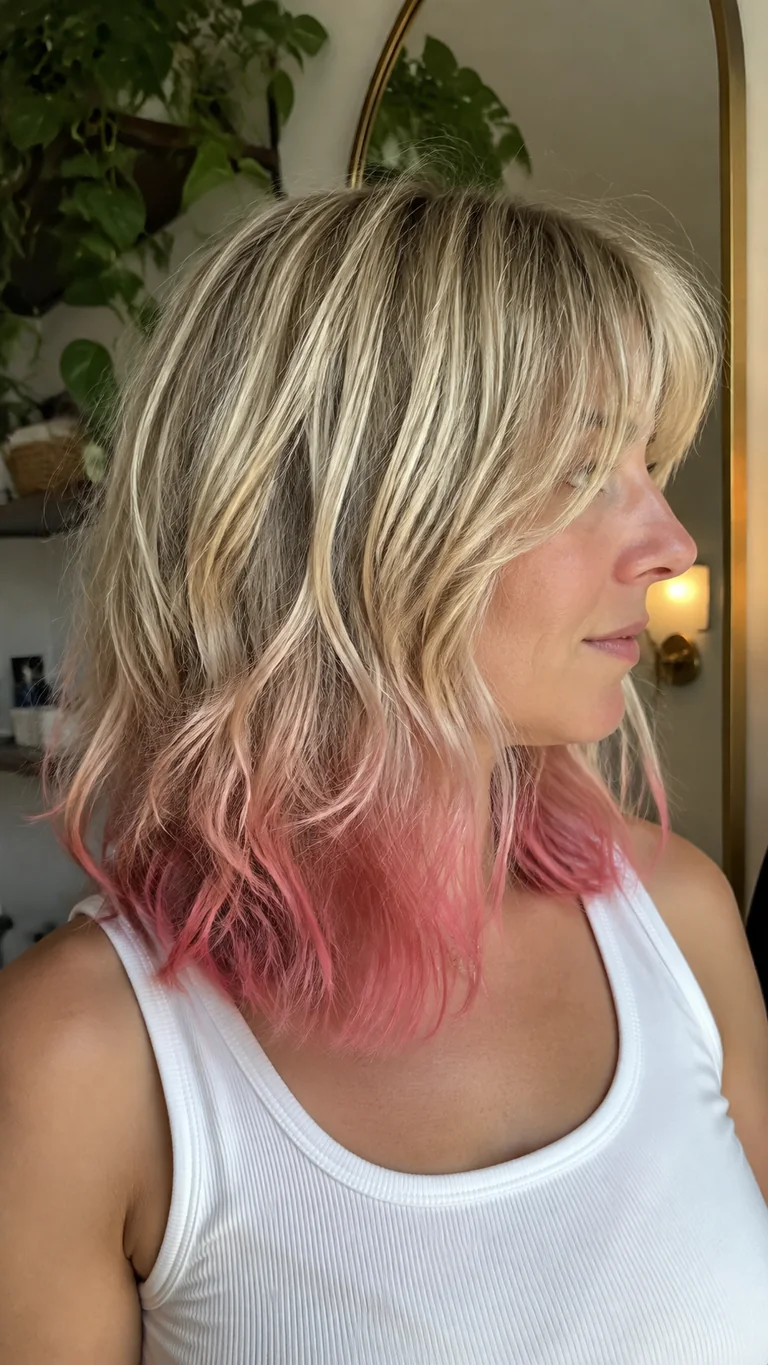 Layered blonde shag with rosy pink tips