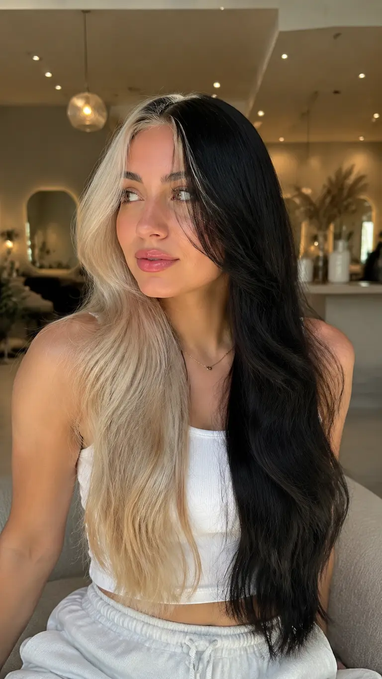 Half blonde half black hair with curtain bangs