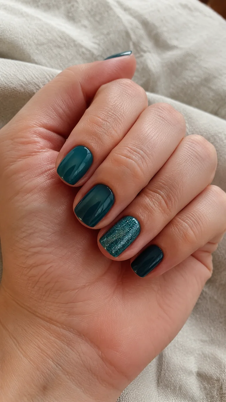 Short teal nails with glitter accent