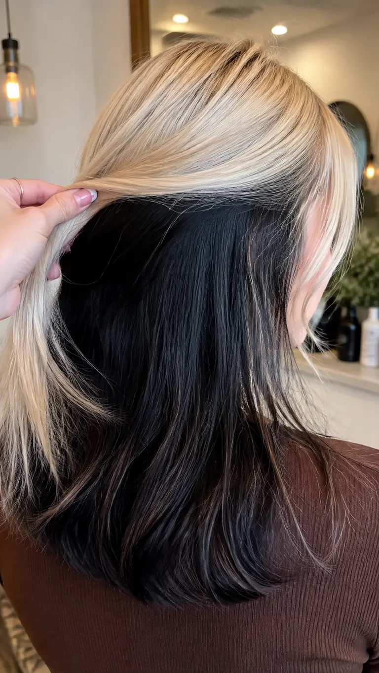 Blonde top layer with a black hair underlayer