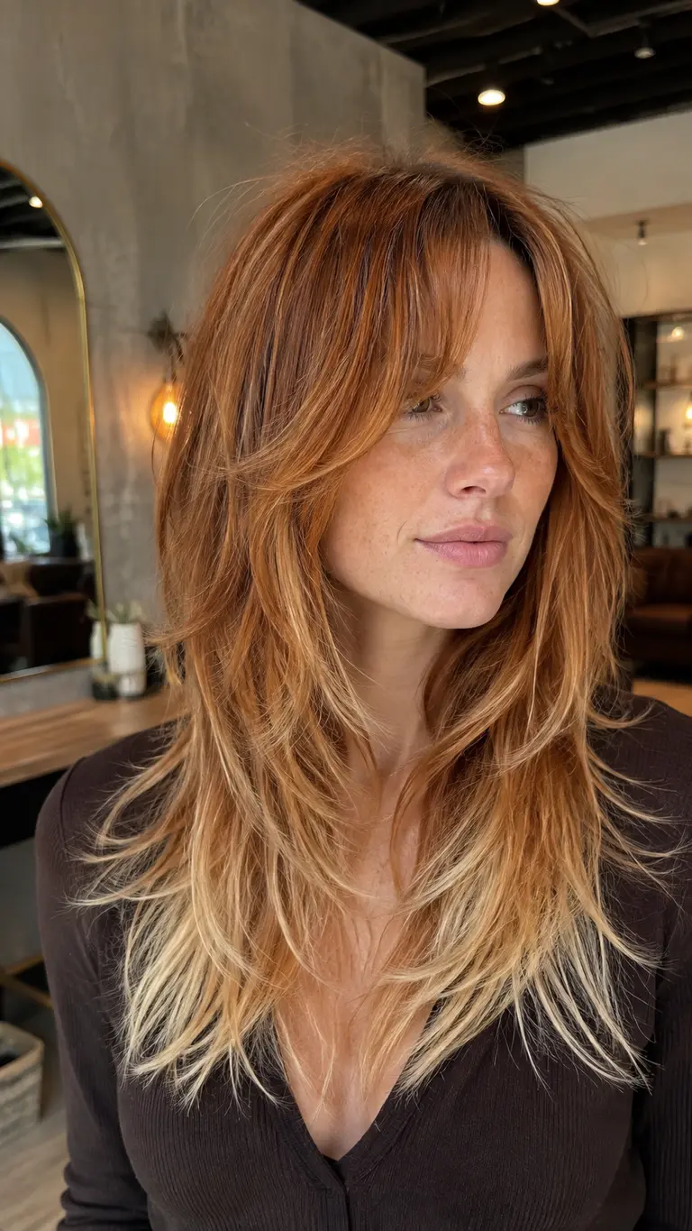 Layered copper blonde shag with curtain bangs