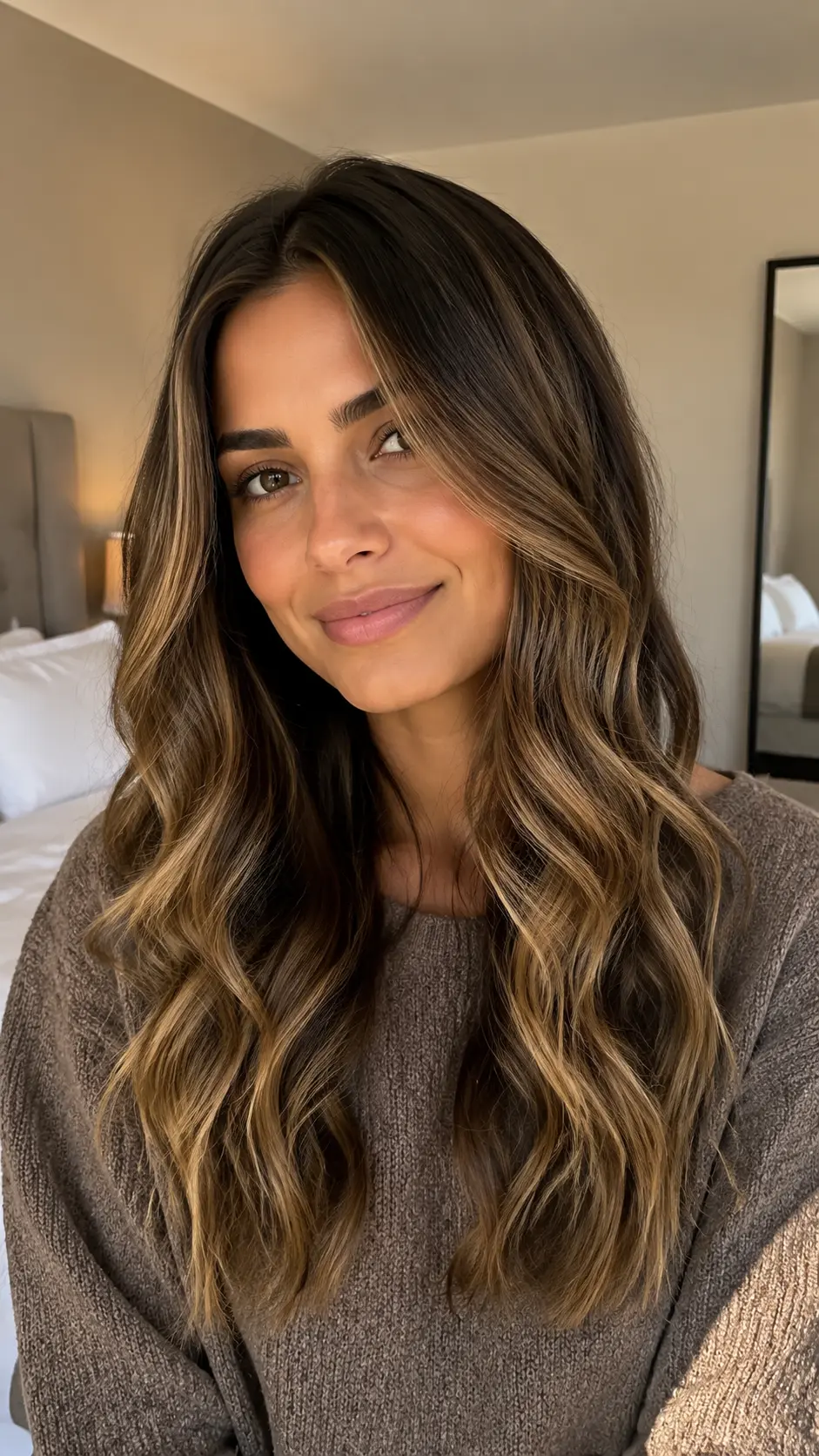 Deep brunette hair with bronde balayage