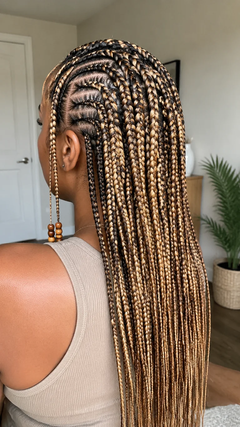 Honey blonde natural Fulani braids with dark roots