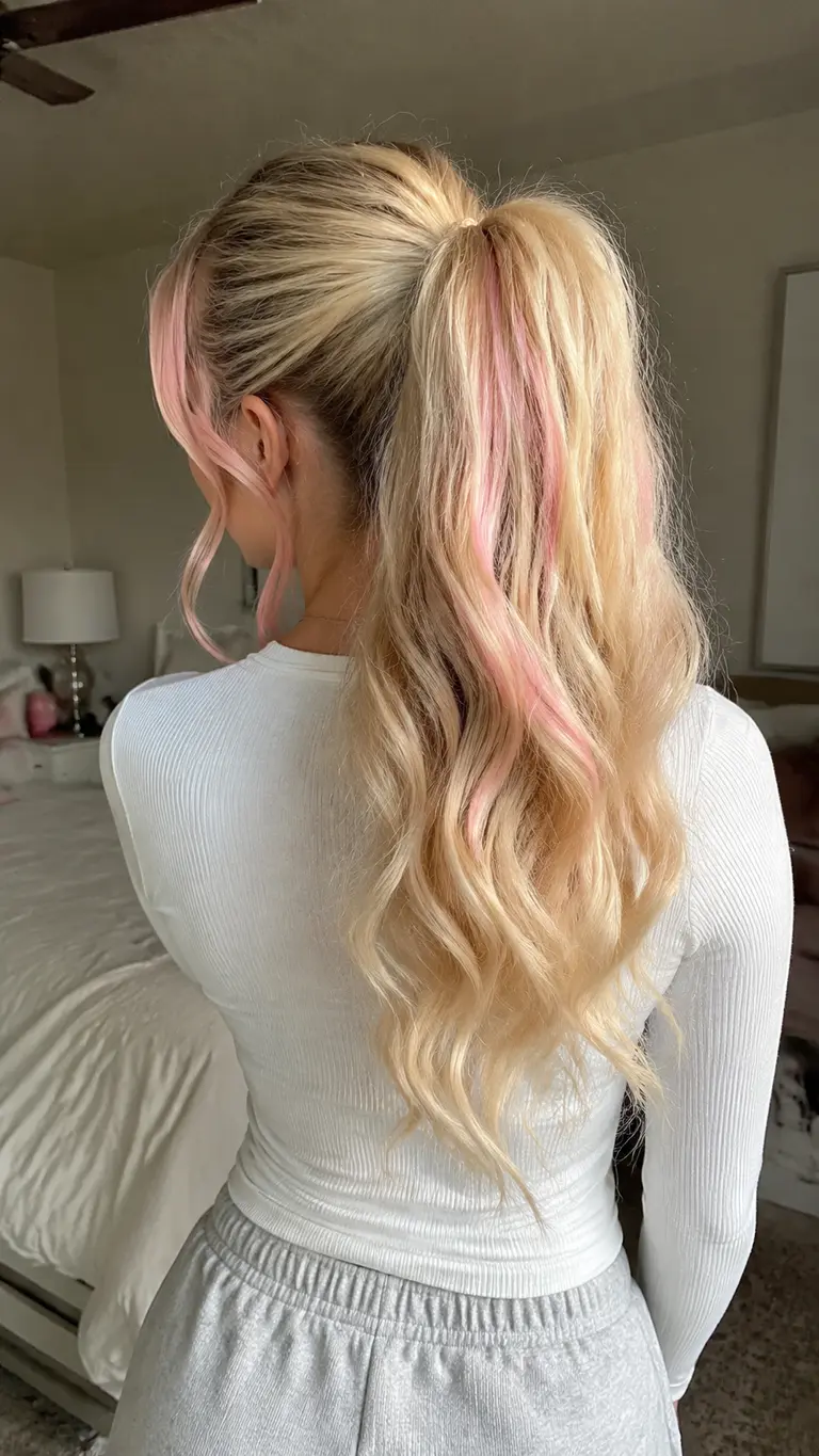 Blonde high ponytail with soft pink panels