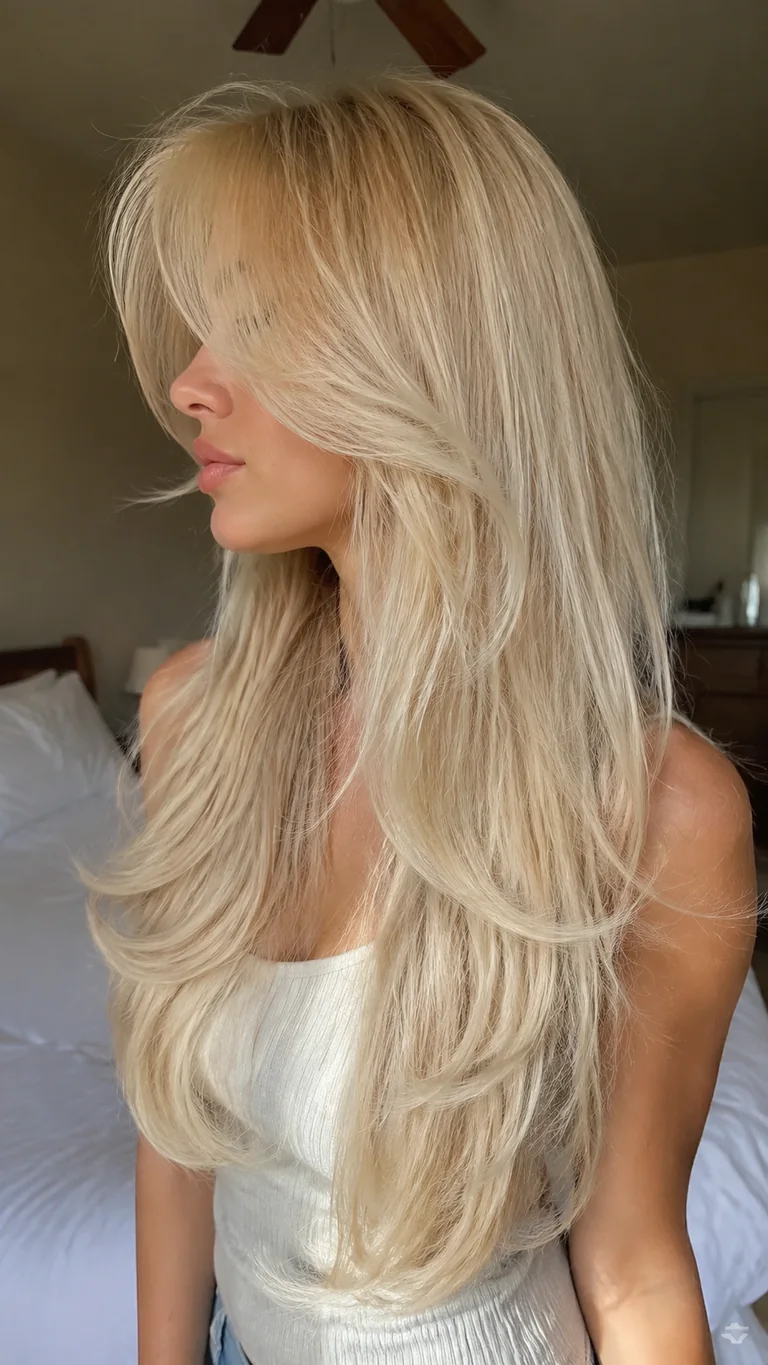Platinum blonde butterfly haircut with curtain bangs
