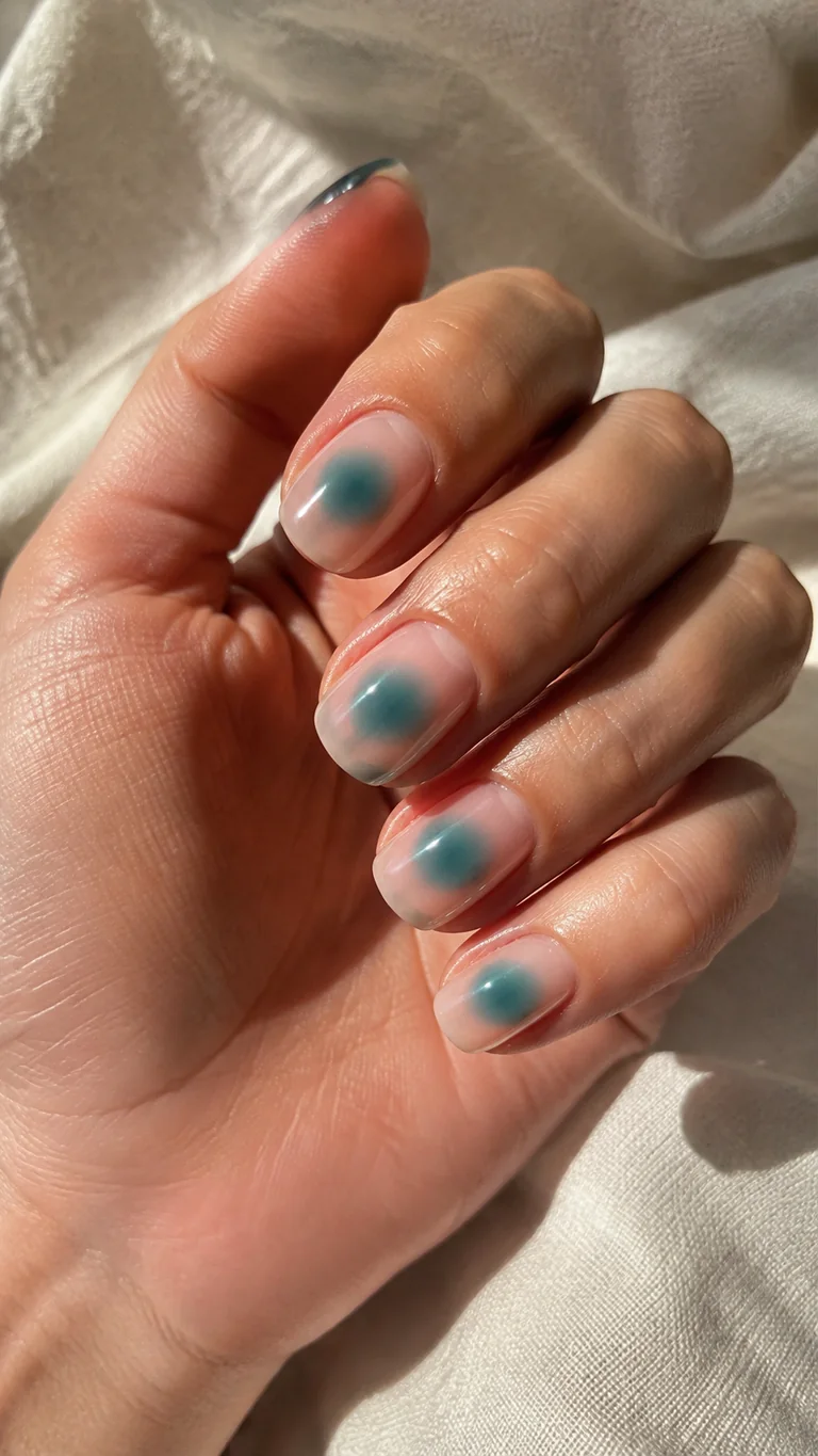 Short nude nails with teal aura design