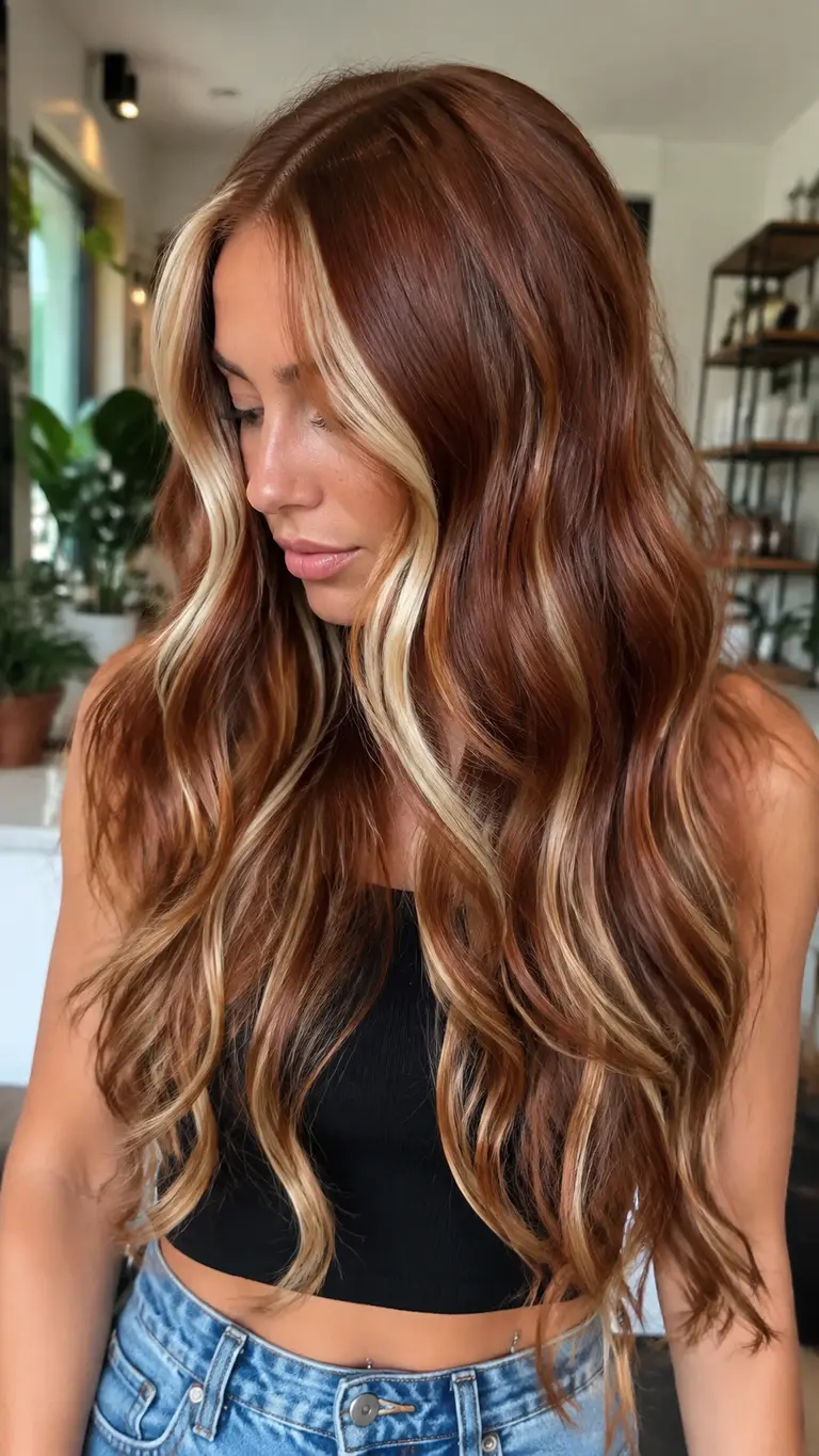 Auburn copper hair with creamy blonde ribbons