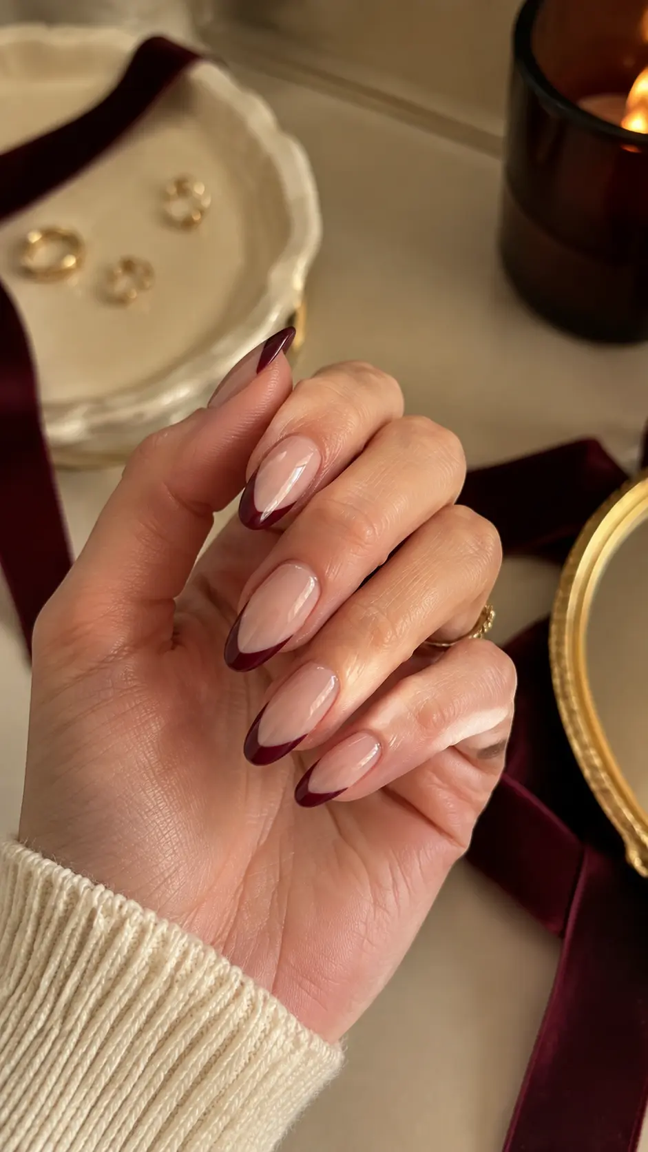 Burgundy French Almond Nails