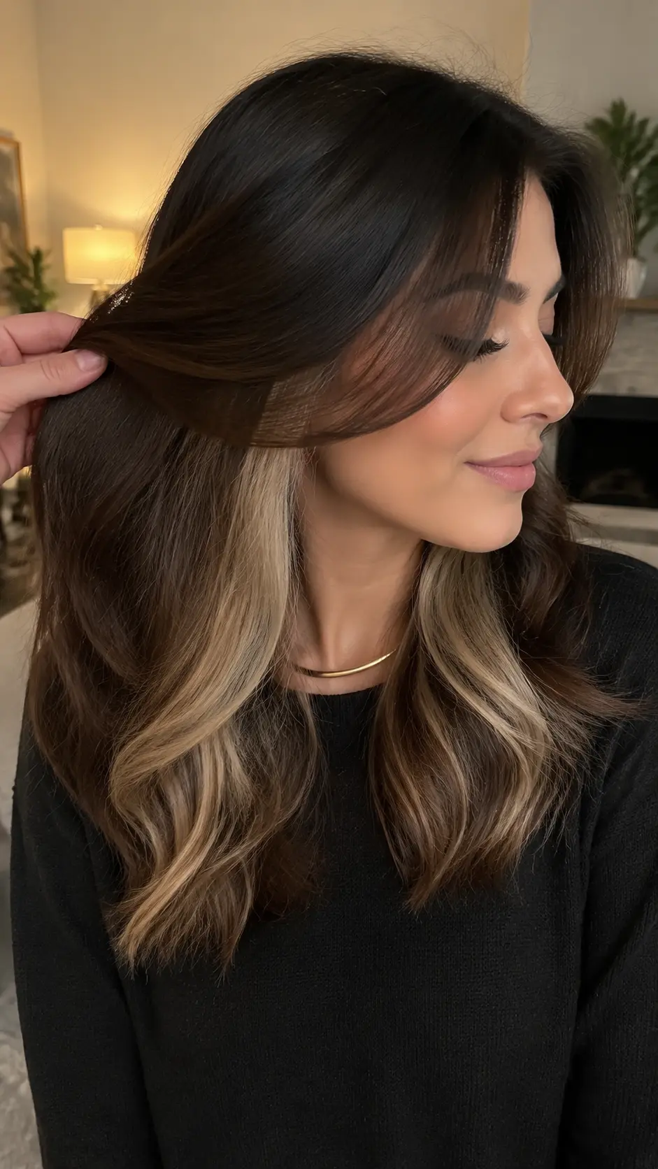 Dark brown hair with champagne blonde underlayer