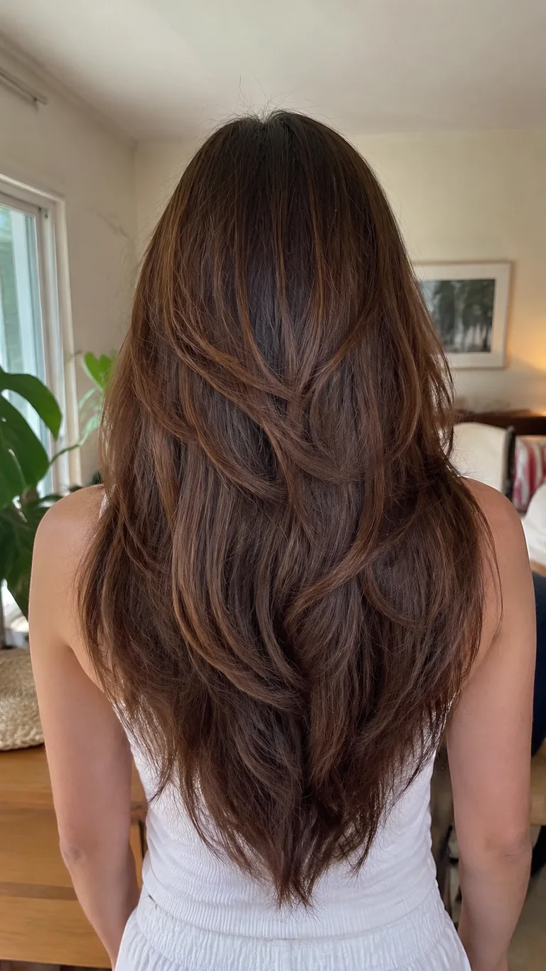 Chestnut butterfly haircut styled in loose waves
