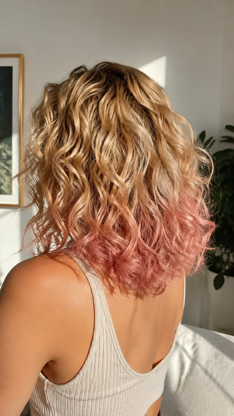 Curly blonde bob with pastel pink ends