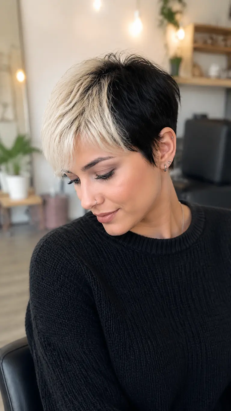 Short half blonde half black pixie haircut