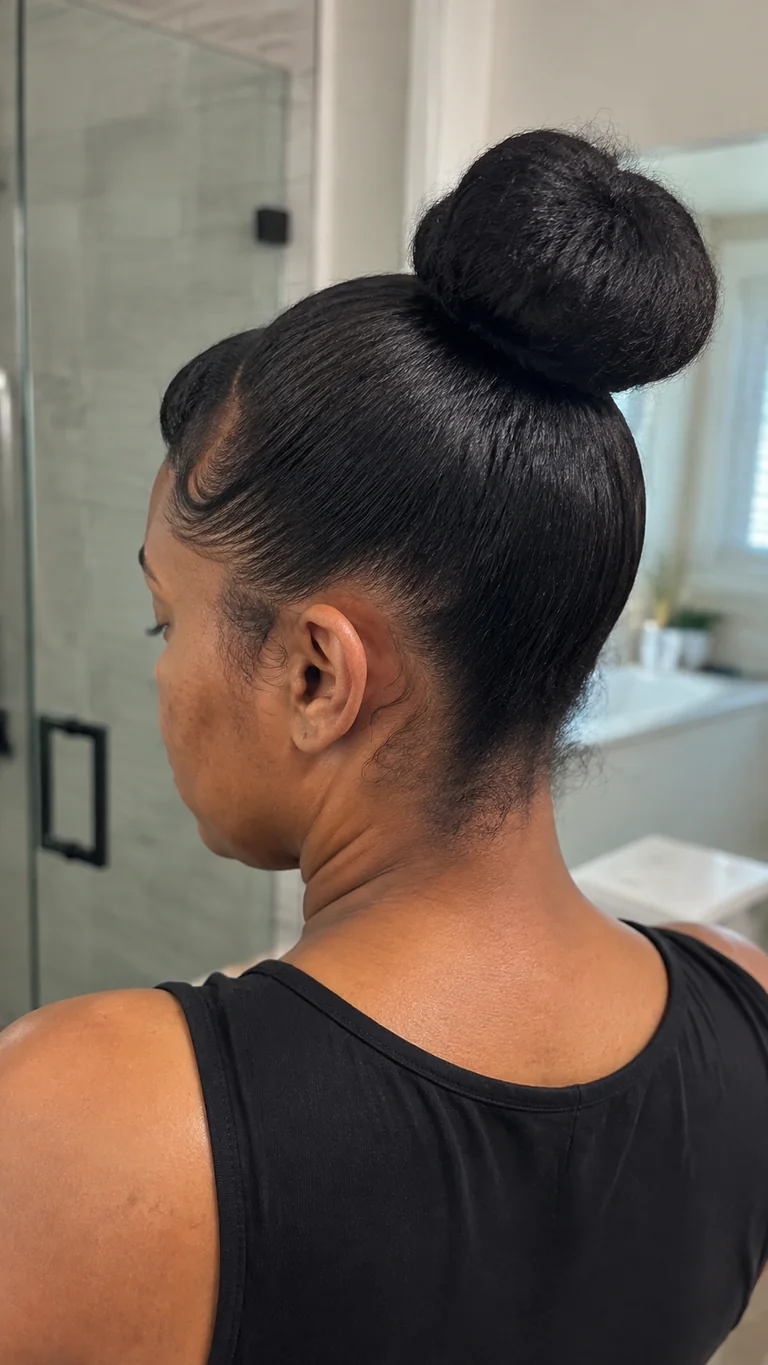 Polished high bun hairstyle for relaxed hair