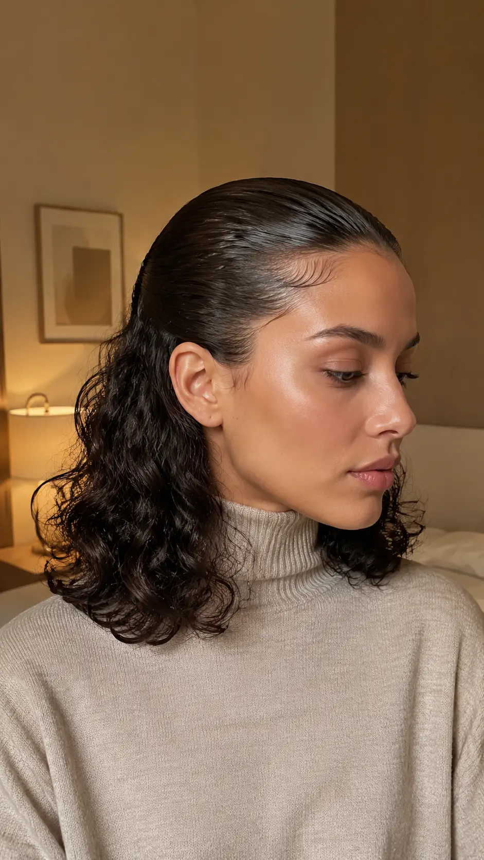 Slicked-back crown with shoulder length curls