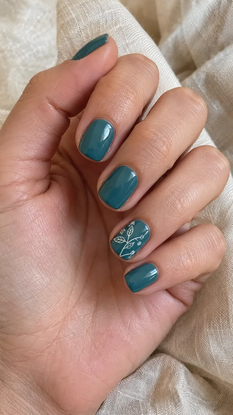 Short teal nails with botanical line art
