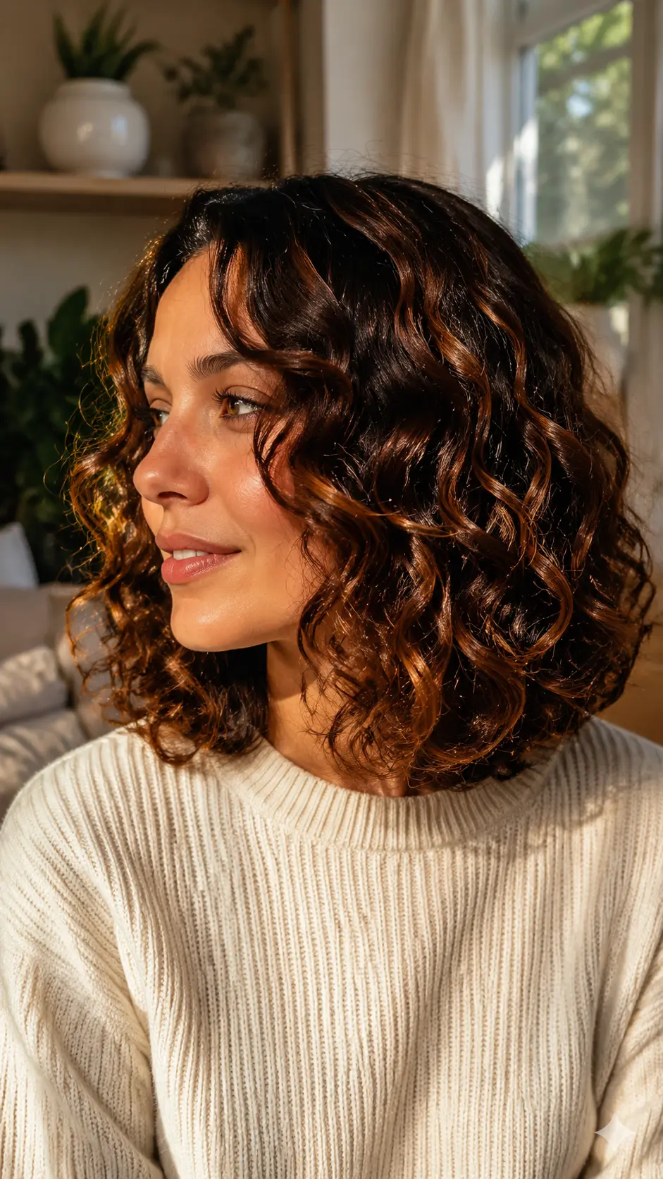 Shoulder length brunette curls with auburn highlights