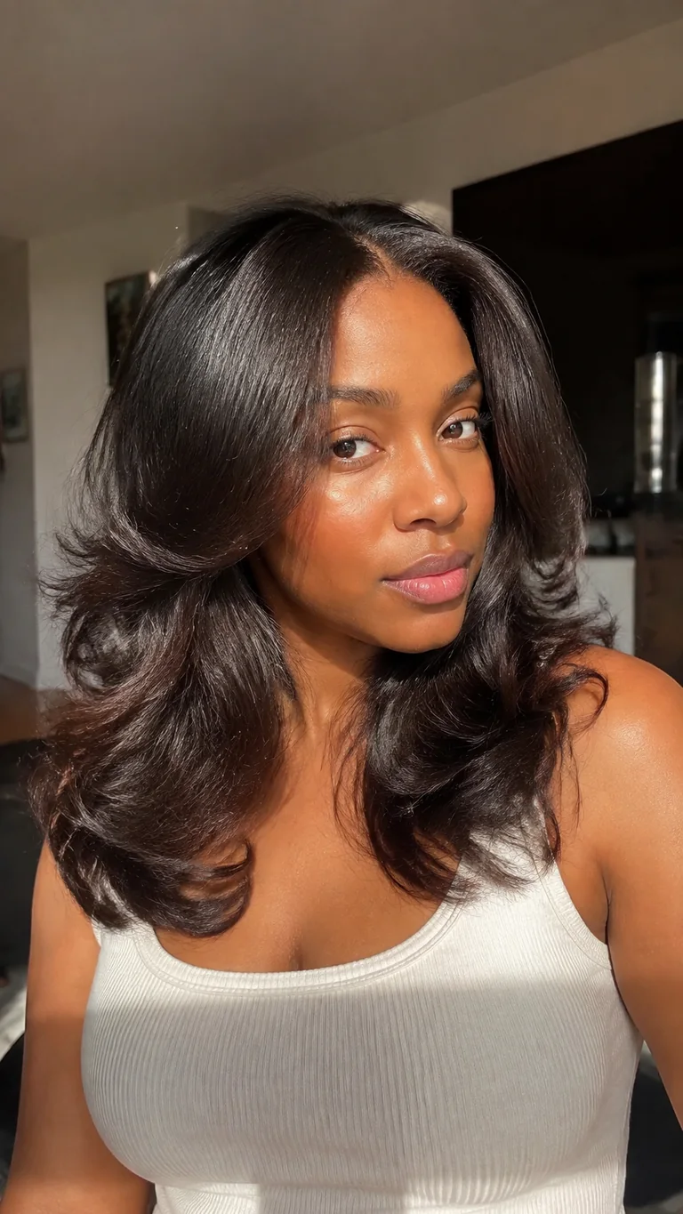 Bouncy 90s blowout hairstyle for relaxed hair