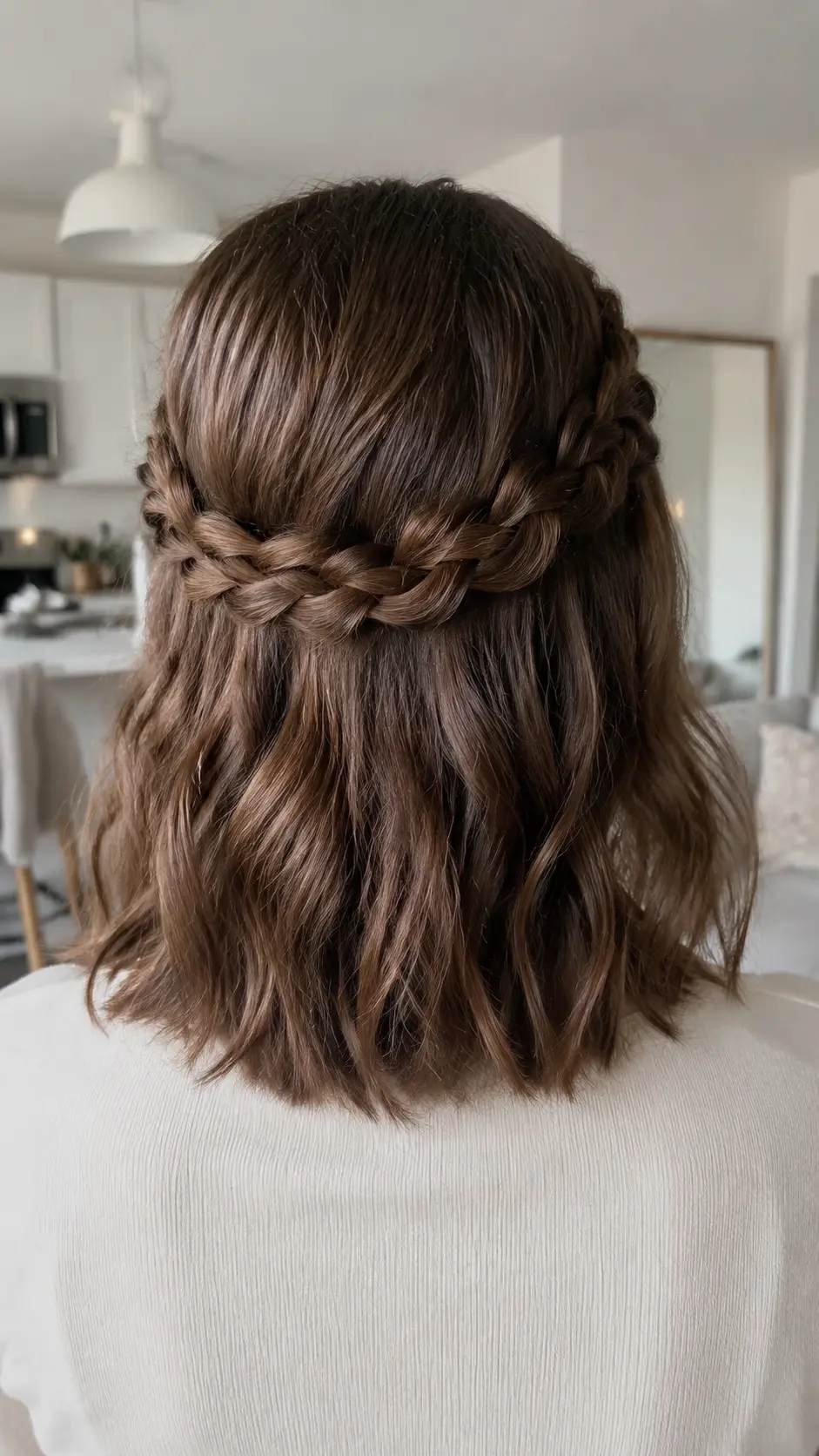 Braided crown hairstyle on shoulder length hair