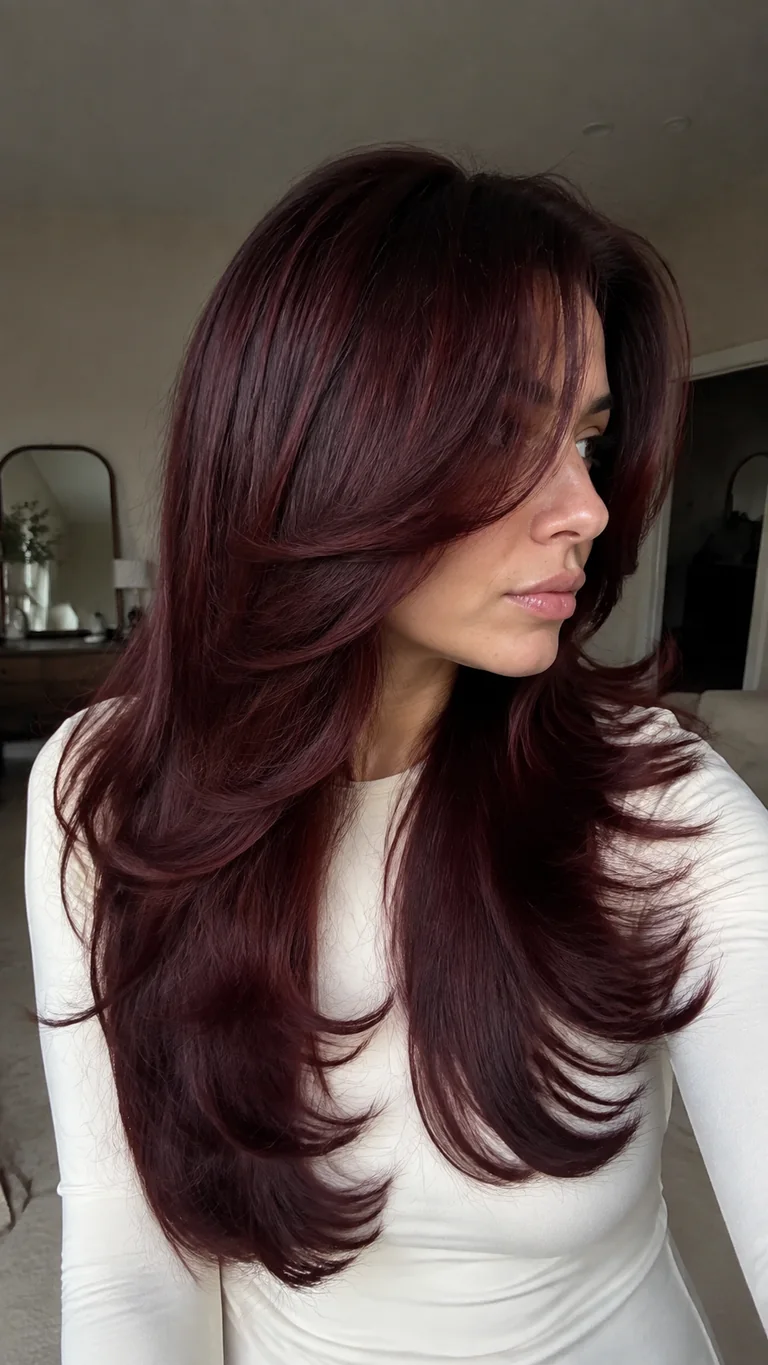 Burgundy butterfly haircut with long glossy layers
