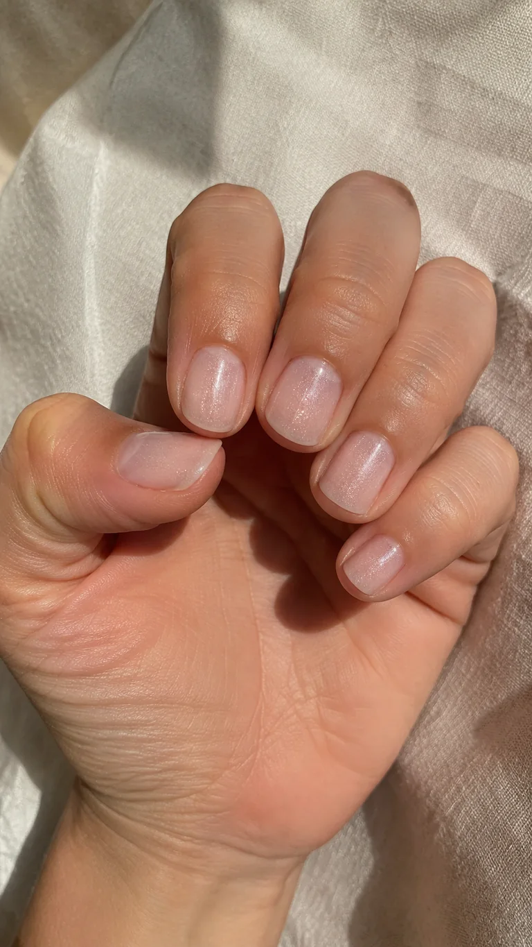 Short nude nails with champagne shimmer