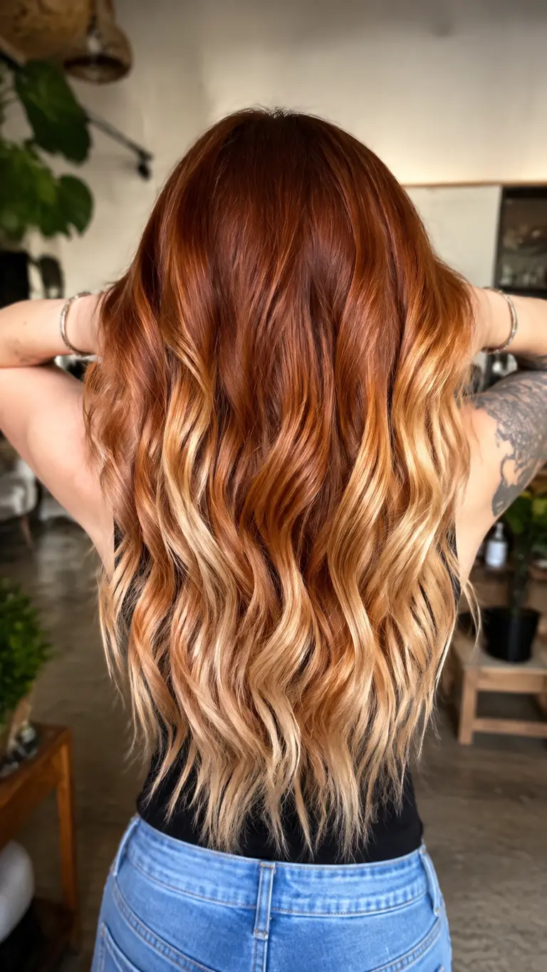 Long copper hair fading into blonde ombre ends
