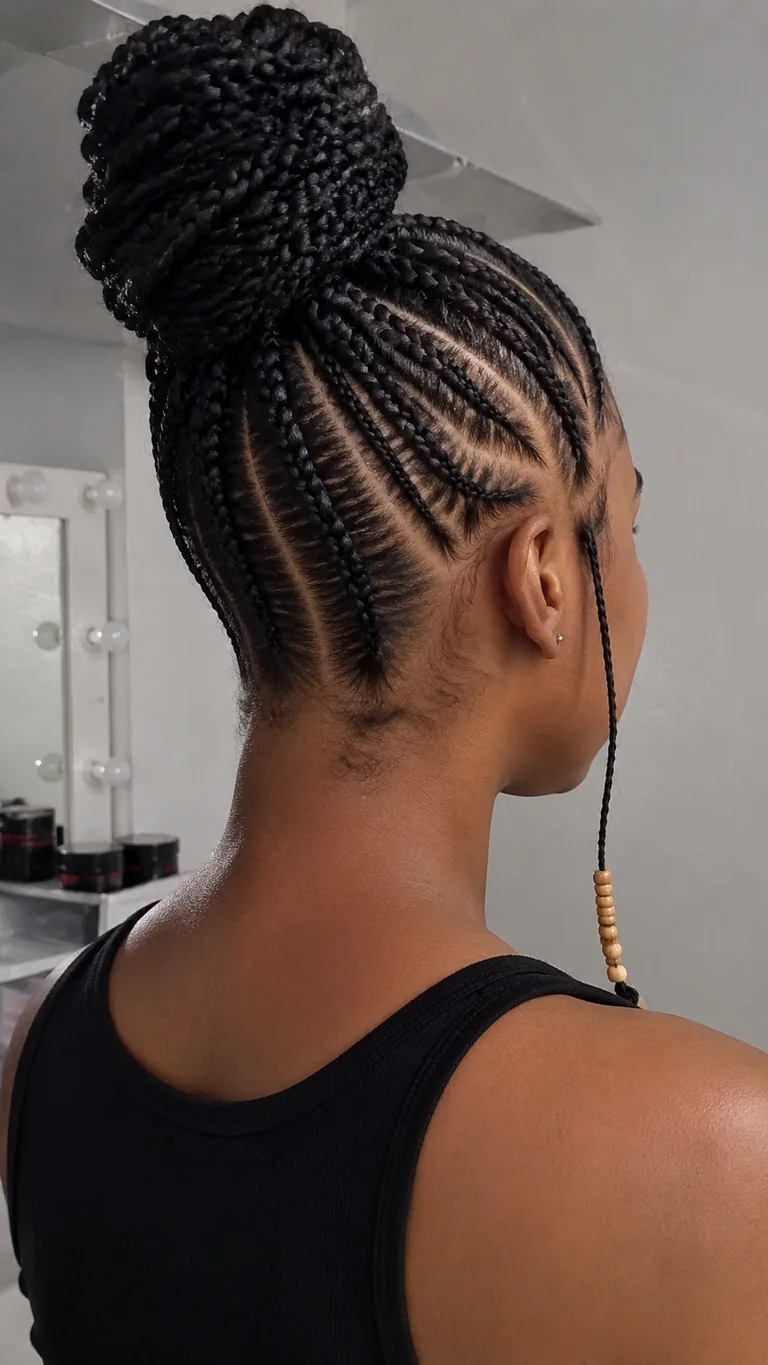 Natural Fulani braids styled in a high bun