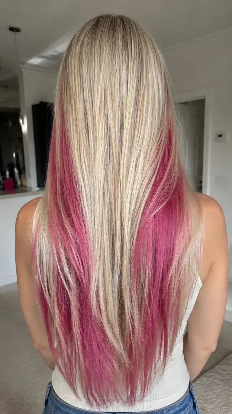 Pearl blonde hair with bold magenta pink panels