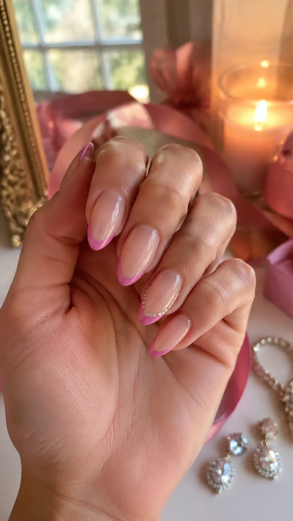 Pink Rhinestone French Almond Nails