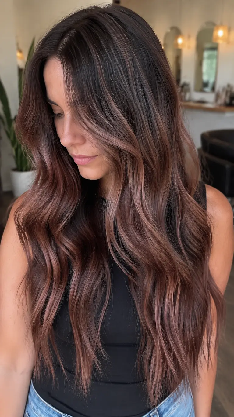 Brunette hair with soft rose brown balayage