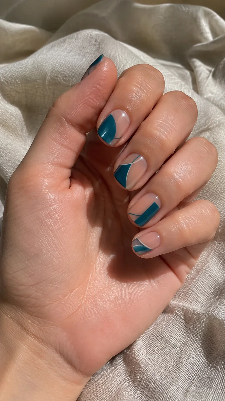 Short teal negative space nails