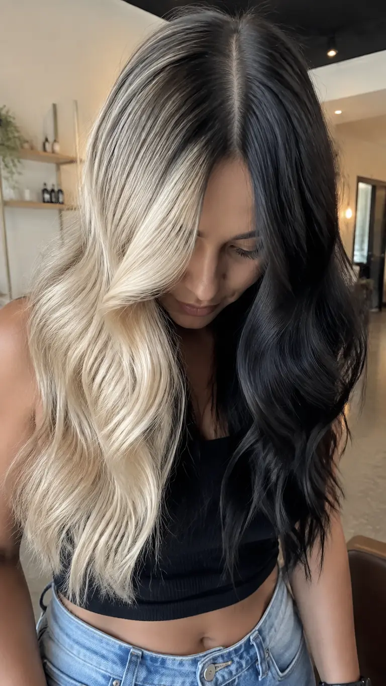Blonde and black split dye hair with blended ends