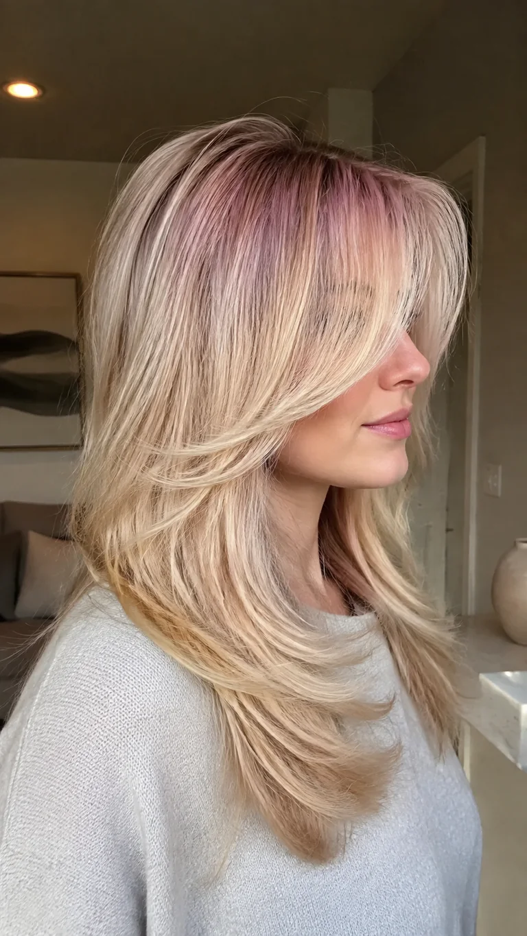Blonde butterfly layers with a blush pink root melt