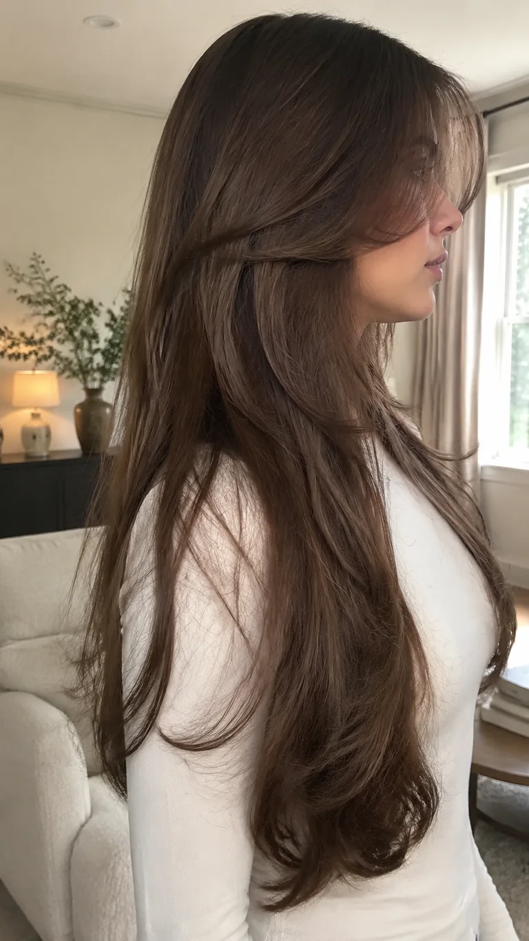 Extra-long soft brown butterfly haircut with curtain bangs