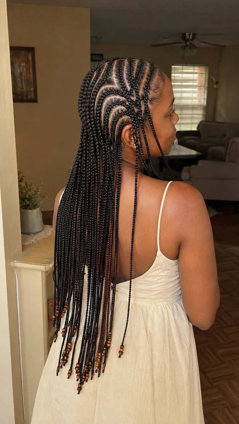 Long natural Fulani braids with wooden beads