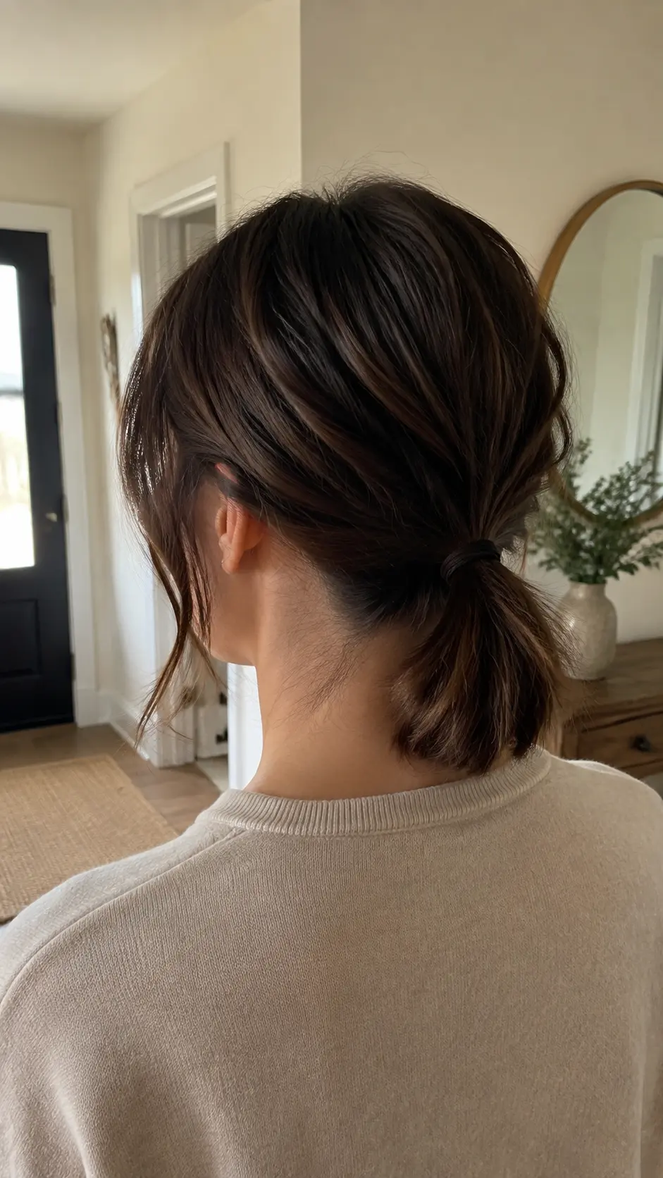 Low ponytail hairstyle for shoulder length hair